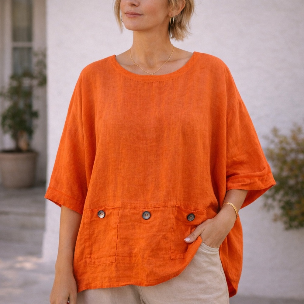 Linen Blend Oversized Tunic Top Orange Lagenlook Boho Pocket Button Detail Italy